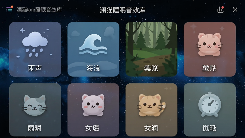��è˯����Ч����棬������չʾ�����Ч��Ƭ��������ʽ���У�ÿ����Ƭ���ж�Ӧ��ͼ������ƣ������������ˡ�ɭ�ֵȣ�����Ϊ��ɫ�ǿգ�������ͳһ���࣬���������޶���Ԫ��