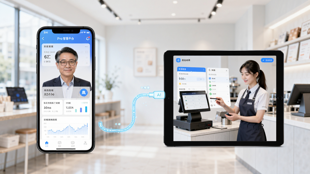 �̼�Pro����ƽ̨APP���Э�������������������һ���ֻ���ʾ�ϰ�鿴�����Ľ��棬�ұ���һ̨ƽ�������ʾ��Ա���ڲ������������棬�����豸֮����һ������ɫ�����������ӣ���������ͬ���������������ĵ��̻��������Ƽ���������н�ϣ����ʸɾ����޶���Ԫ�ء�