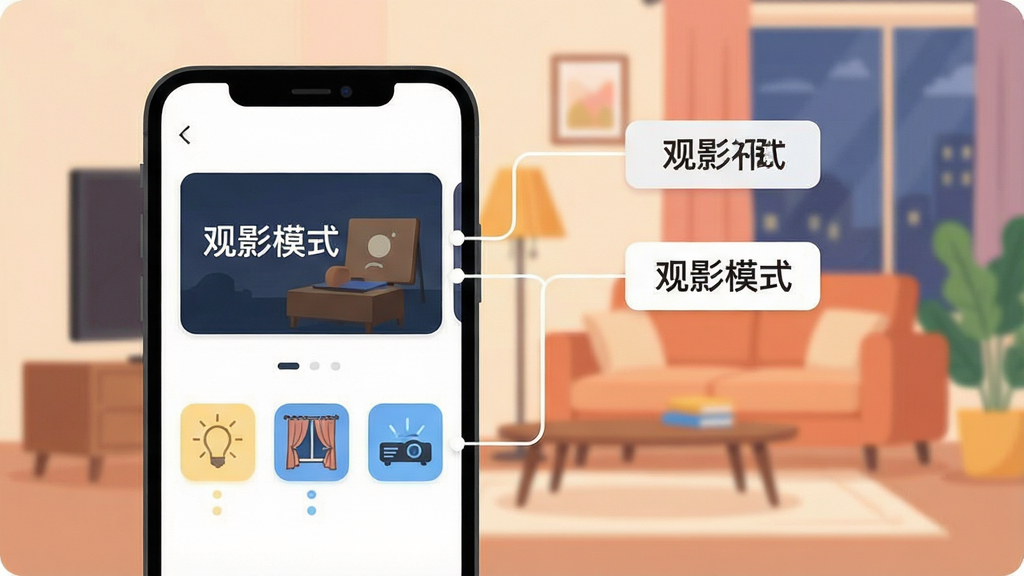 һ��չʾĦ����������App�����������ܵ�ʾ��ͼ��������һ���ֻ���Ļ��ʾ����Ӱģʽ��������Ƭ����Ƭ�·��еƹ⡢������ͶӰ�������豸ͼ�걻�������ֻ��Ա�Ư���ų������Ʊ�ǩ�������ߣ���������ܰ�Ŀ�������������ƽ���廭��ɫ����ͣ����ּ�࣬���ʸɾ������֡���Ӱģʽ�������ɼ�