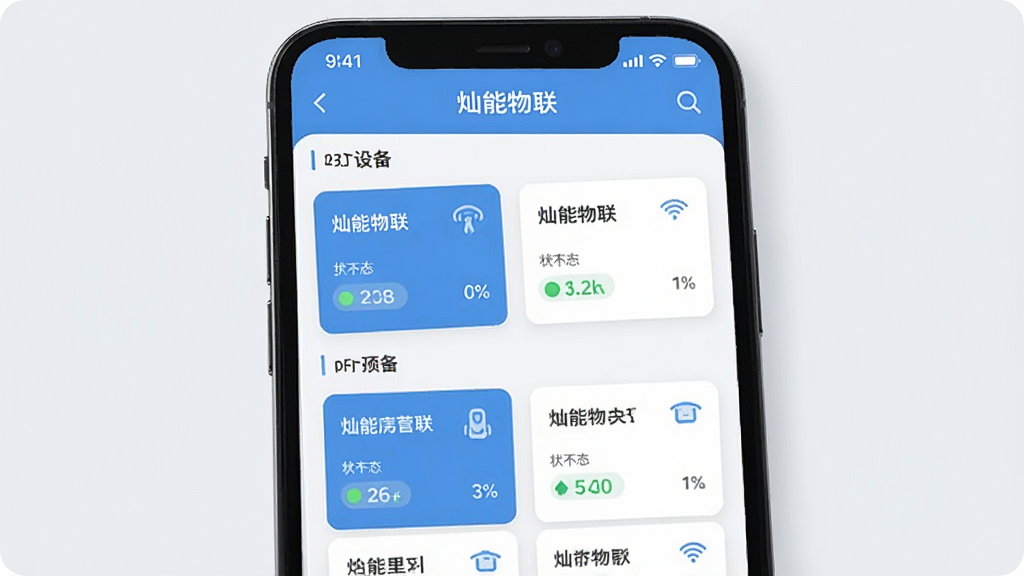 手机屏幕显示“灿能物联”App的多设备管理界面,画面中有多个设备卡片按房间分组排列,每个卡片显示设备名称和状态,布局整齐,风格现代扁平,细节精致,画质清晰无多余元素