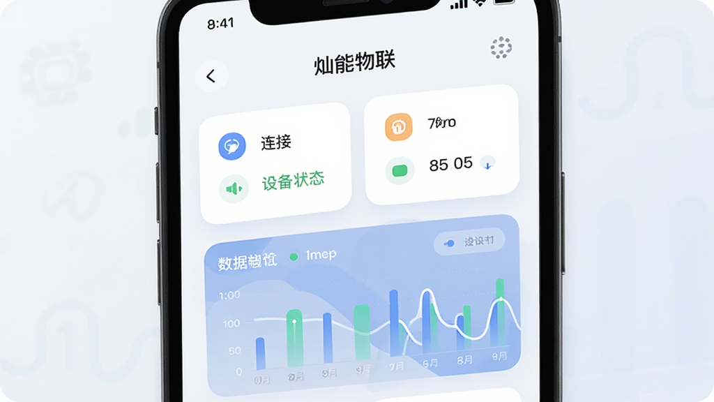 手机屏幕中央显示“灿能物联”App的主界面,背景干净浅色,界面中有设备连接状态卡片和数据图表,布局简洁,现代扁平风格,细节圆润,画质清晰,无多余元素