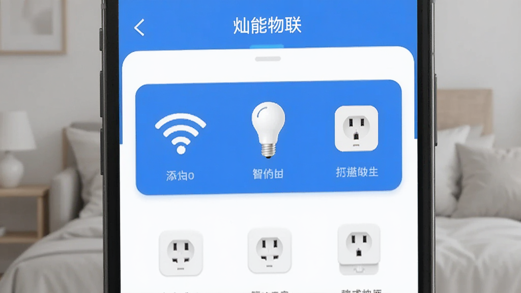 手机屏幕展示“灿能物联”App的设备添加向导界面,画面中有WiFi信号图标和智能灯泡、插座等设备图标,布局清晰,蓝色和白色为主色调,风格简洁现代,画质干净无多余元素