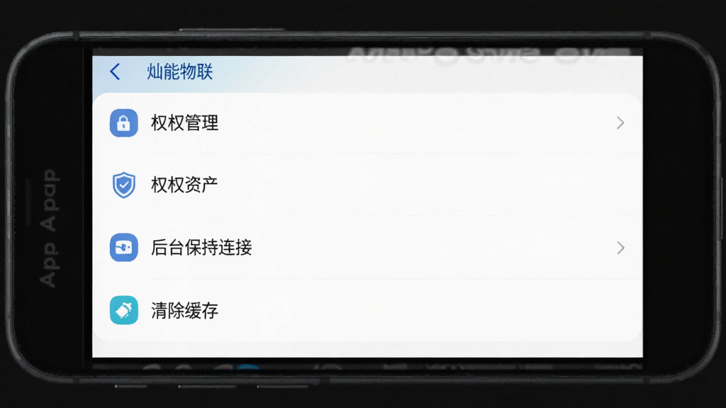 手机屏幕显示“灿能物联”App的设置界面,画面中有权限管理、后台保持连接、清除缓存等选项,布局清晰,图标简洁,风格现代扁平,画质干净无多余元素