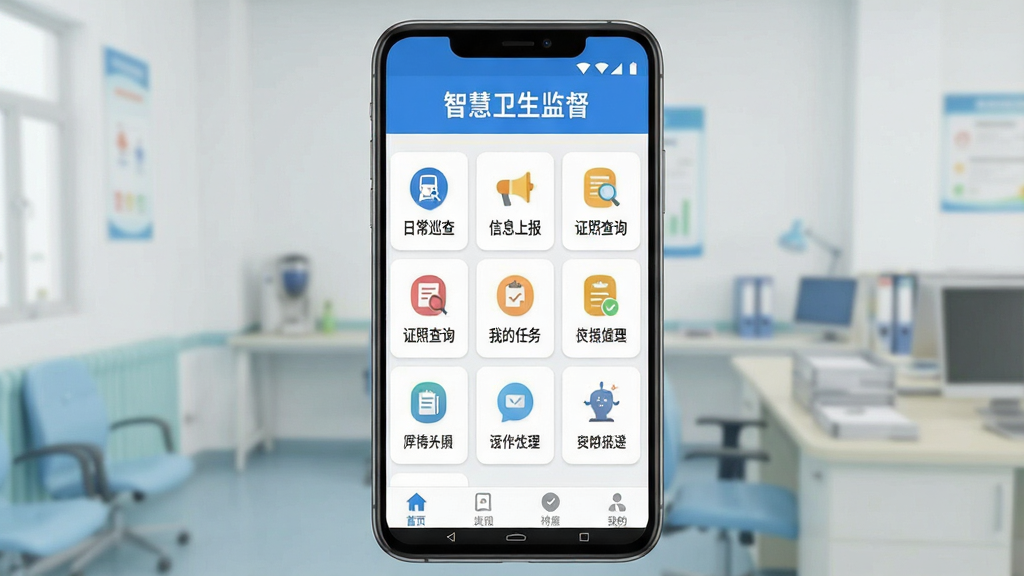 智慧卫生监督软件主界面全貌展示,主体为一部安卓手机,屏幕中央显示“智慧卫生监督”APP首页,布局为顶部蓝色标题栏带有“智慧卫生监督”字样,中间为功能卡片九宫格包含“日常巡查”“信息上报”“证照查询”“我的任务”等图标,底部为导航栏,排版简洁清晰,风格现代扁平化,细节圆润,画质干净无多余元素