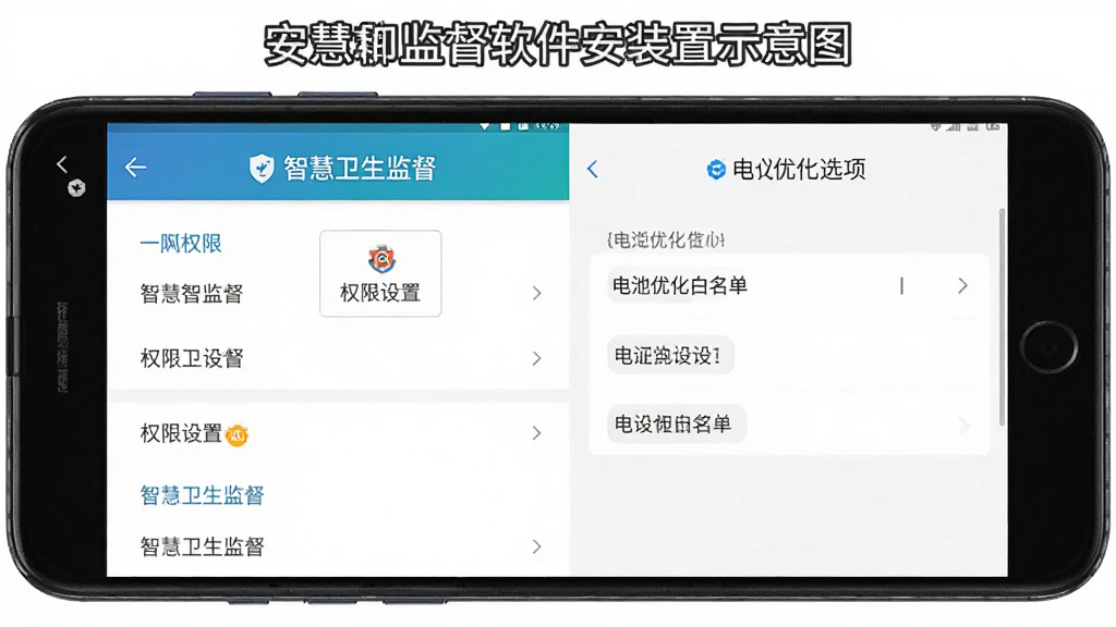 智慧卫生监督软件安装设置示意图,主体为一部安卓手机,屏幕内展示“智慧卫生监督”APP的权限设置页面和电池优化白名单界面,布局为左侧权限列表右侧优化选项,排版清晰,风格实用教程风,细节明确,画质干净无多余元素