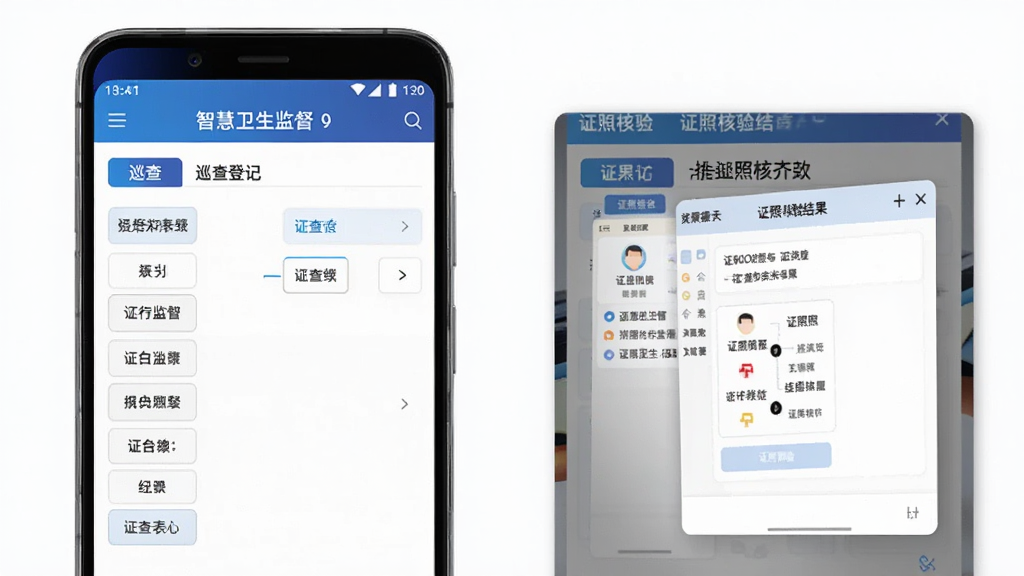 智慧卫生监督软件功能展示图,主体为一部安卓手机,屏幕内展示“智慧卫生监督”APP的巡查登记页面和证照核验弹窗,布局为左侧巡查表单右侧证照核验结果,排版整齐,风格商务科技感,细节清晰,画质干净无多余元素
