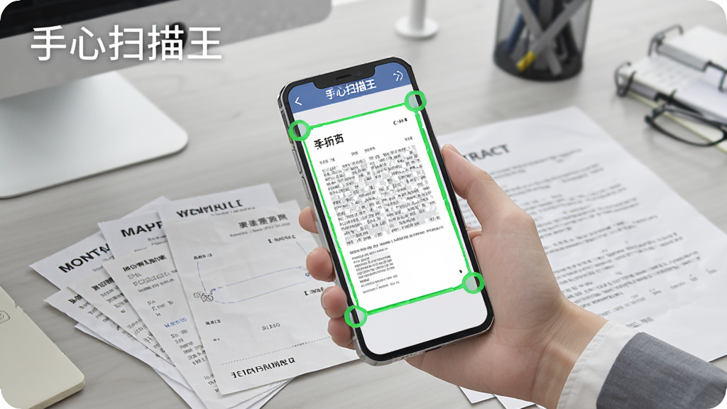 һ��չʾ����ɨ�������ܱ�Եʶ���ܵ�ʾ��ͼ��������һֻ�������ֻ���׼������ɢ��ķ�Ʊ�ͺ�ͬ���ֻ���Ļ����ʾ�ĵ�����ɫ�߿��Զ���ѡ�������ǰ칫�����棬���������������������ͼ�����ֱ�ע������ɨ������