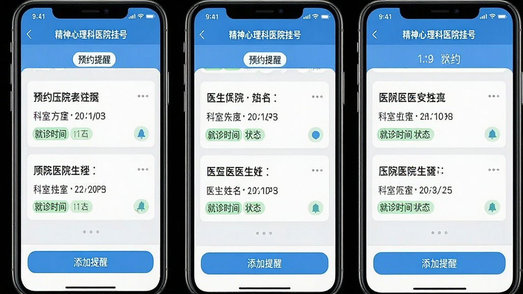 一张手机界面截图,画面展示“精神心理科医院挂号”App的预约记录页面,顶部有“预约提醒”标签,下方是几条预约卡片,每条卡片显示医院名称、科室、医生姓名、就诊时间和状态标签,底部有“添加提醒”按钮,整体风格清爽,蓝白配色,文字清晰,画质干净,无多余元素