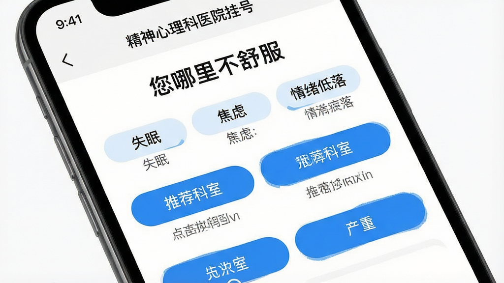 一张手机应用界面展示图,画面中“精神心理科医院挂号”App的症状引导页面,顶部有“您哪里不舒服”标题,下方是多个症状标签按钮,如“失眠”“焦虑”“情绪低落”等,点击后显示推荐科室,背景为白色,按钮为圆角矩形,蓝色高亮,风格简洁,画质干净,无多余元素
