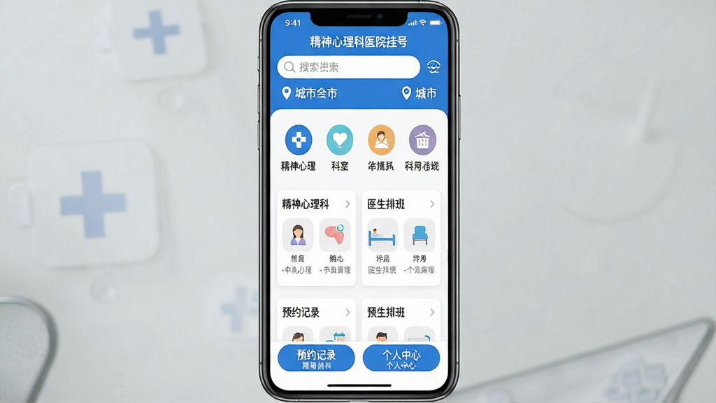 一张手机应用界面截图风格的图片,画面中央展示“精神心理科医院挂号”App的主界面,顶部有搜索框和城市定位,中间是精神心理科科室分类图标和医生排班卡片,底部有预约记录和个人中心按钮,整体布局清晰,蓝白配色,风格简洁现代,画质干净,无多余元素