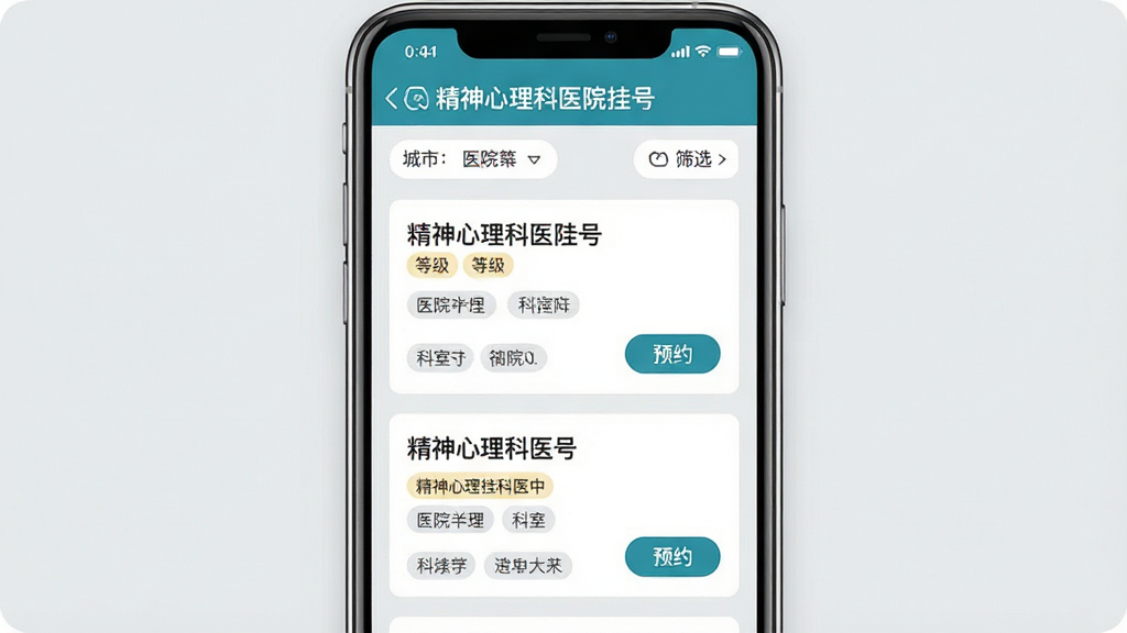 一张手机屏幕界面展示图,画面中“精神心理科医院挂号”App的医院列表页面,顶部有城市切换和筛选按钮,下方是多家医院卡片,每张卡片显示医院名称、等级标签、科室标签和预约按钮,背景为浅灰色,文字清晰,风格扁平化,画质干净,无多余元素