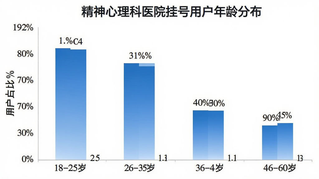 一张柱状图图片,标题为“精神心理科医院挂号用户年龄分布”,横轴为年龄区间18-25岁、26-35岁、36-45岁、46-60岁,纵轴为用户占比百分比,柱状图颜色为蓝色渐变,数据标签清晰,背景白色,风格简洁,画质干净,无多余元素