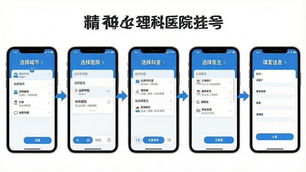 一张手机操作示意图,画面中展示“精神心理科医院挂号”App的挂号流程步骤,从选择城市、选择医院、选择科室、选择医生到填写信息,用箭头连接五个手机屏幕,每个屏幕显示对应界面,风格简洁,蓝白配色,文字清晰,画质干净,无多余元素