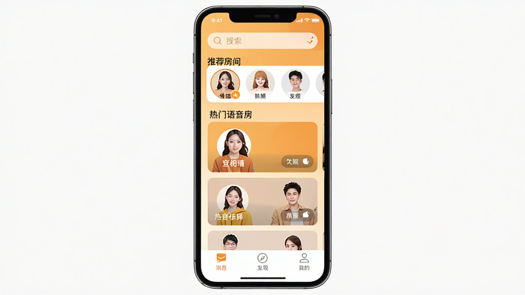 ��������APP������չʾ�������������ֻ���Ļ����Ļ����ʾ������������ҳ�����������������Ƽ������б����м��Ǽ��������������Ŀ�Ƭ����Ƭ��������ͷ��ͷ��������ײ�����������Ϣ�����֡��ҵ�����ͼ�꣬��������ůɫ���ĳȻ�ɫ������ɾ����࣬û�й�浯���������������޶���Ԫ��