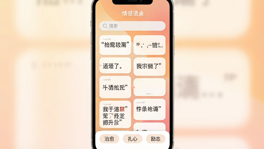 �ֻ���Ļ������ʾ�������¼��App�Ľ��棬��������͵�ůɫ�����䣬���涥�����������м����ٲ���ʽ����¼��Ƭ��ÿ�ſ�Ƭ���в�ͬ������İ��̾䣬�ײ��з����ǩ�硰�����������ġ�����־�������岼�ּ����ˬ������ִ���ƽ����ϸ��Բ�󣬻��ʸɾ��޶���Ԫ�أ�1080P����
