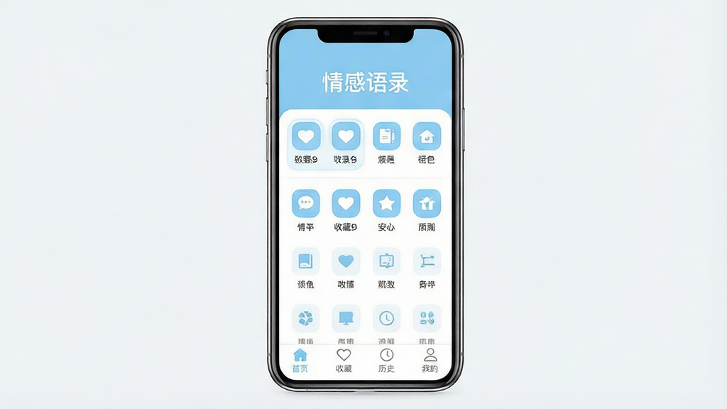 һ��App����չʾͼ�����������ǡ������¼��App�������棬�����С������¼���ĸ��֣��·�������״����ͼ�꣬ÿ��ͼ�������ֱ�ǩ���ײ��������С���ҳ�����ղء�����ʷ�����ҵġ��ĸ�ѡ�������ɫ��ǳ���Ͱ�ɫΪ����������¼�Լ���������������ʸɾ��޶���Ԫ�أ�1080P����