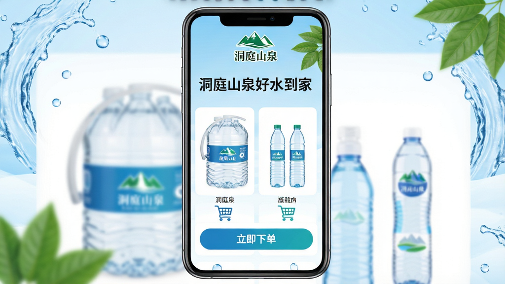һ���ֻ���Ļչʾ���棬��Ļ�����ǡ���ͥɽȪ��ˮ���ҡ���App��ҳ�������ж�ͥɽȪ��Ʒ��Logo���м���Ŀλ��չʾ�Ų�ͬ����Ͱװˮ��ƿװˮ��Ʒ�б����·��С������µ�����ť�����������µ�����ɫ������ˮ������Ҷ��׺��������ɾ���ˬ�������࣬�����������޶���Ԫ��