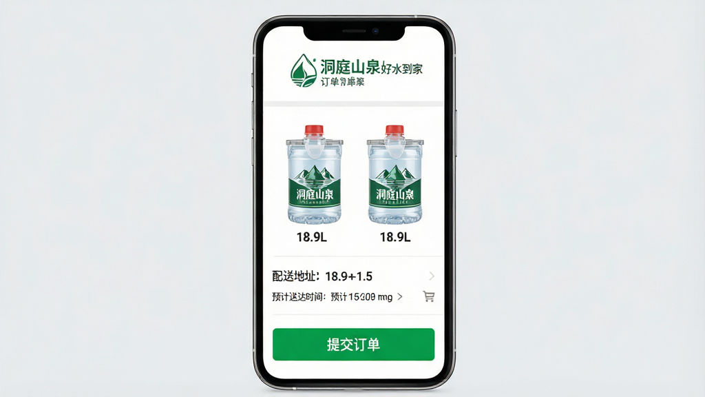 һ���ֻ���Ļչʾ����ȷ�Ͻ��棬��Ļ�Ϸ���ʾ����ͥɽȪ��ˮ���ҡ���Logo���м��ǹ��ﳵ�嵥��������Ͱ18.9L�Ķ�ͥɽȪͰװˮ���·������͵�ַ��Ԥ���ʹ�ʱ�䣬�ײ���һ�����۵���ɫ���ύ��������ť��������ǳ��ɫ����������������ִ���ƽ�����ʸɾ��޶���Ԫ��