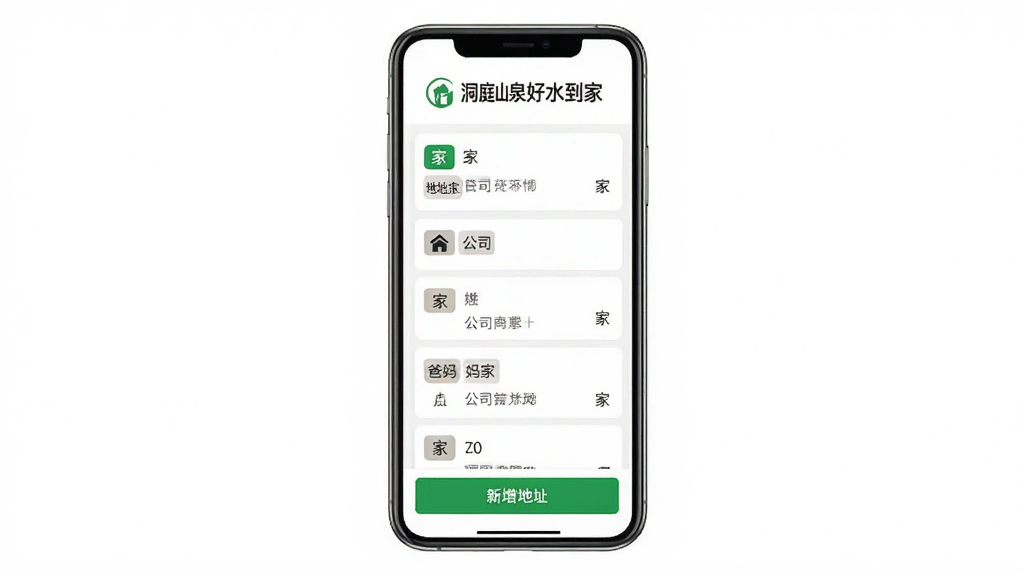 һ���ֻ���Ļչʾ��ַ�������棬��Ļ�Ϸ���ʾ����ͥɽȪ��ˮ���ҡ���Logo���м��г�����ջ���ַ��Ƭ��ÿ����Ƭ���е�ַ��ǩ�硰�ҡ�������˾����������ҡ����ײ��С�������ַ����ť�������Ǵ���ɫ���������࣬����Լ�����ʸɾ��޶���Ԫ��