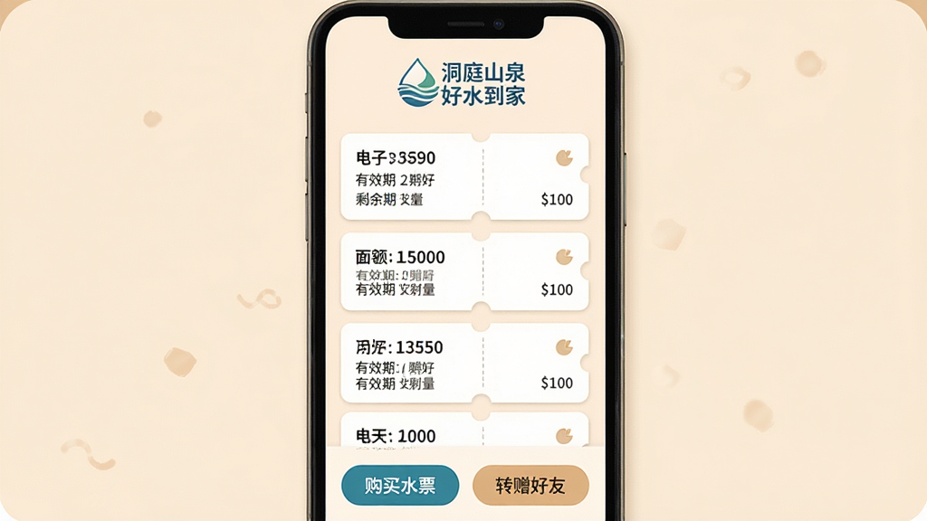 һ���ֻ���Ļչʾ����ˮƱ�������棬��Ļ�Ϸ���ʾ����ͥɽȪ��ˮ���ҡ���Logo���м��Կ�Ƭ��ʽ�г����ŵ���ˮƱ��ÿ�ſ�Ƭ�ϱ�ע������Ч�ں�ʣ���������ײ��С�����ˮƱ���͡�ת�����ѡ�������ť����������͵��װ�ɫ����Ƽ����ܰ�������������޶���Ԫ��