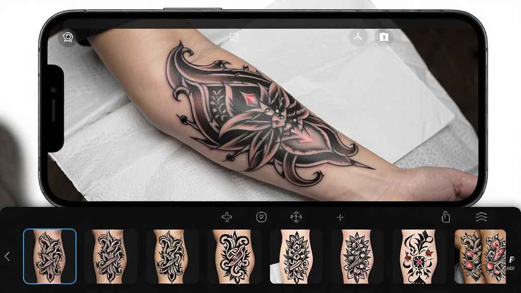 һ��չʾTattoo Go���������ͼƬ��������һ���ֻ���Ļ����Ļ����ʾ��һ���ֱ�ģ�ͣ��ֱ�����һ�����ŵĺ�ɫ����ͼ������Ļ�·��и�������ͼ��������ͼѡ���������ּ�࣬����ִ���ϸ�����������ʸɾ����޶���Ԫ��