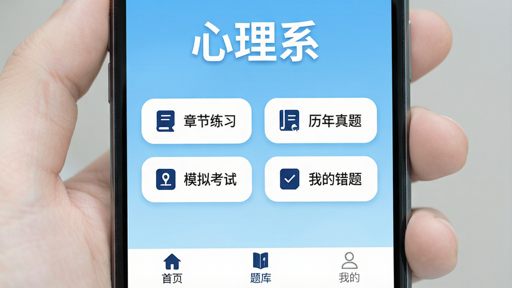 һ���ֻ���Ļ��д��������������Ϊ������ϵ����App�����棬���汳��Ϊ�ɾ���ǳ��ɫ���䣬����������ʾ������ϵ��������ɫ�Ӵ����壬�·����������š��½���ϰ�������������⡱����ģ�⿼�ԡ������ҵĴ��⡱�ĸ�Բ�Ǿ��ι��ܰ�ť����ťΪ��ɫ��ɫ������ɫͼ�꣬����ײ��С���ҳ��������⡱�����ҵġ������򵥱�ǩ�������񼫼��ƽ�����κι���������������ɾ����޶���Ԫ�ء�