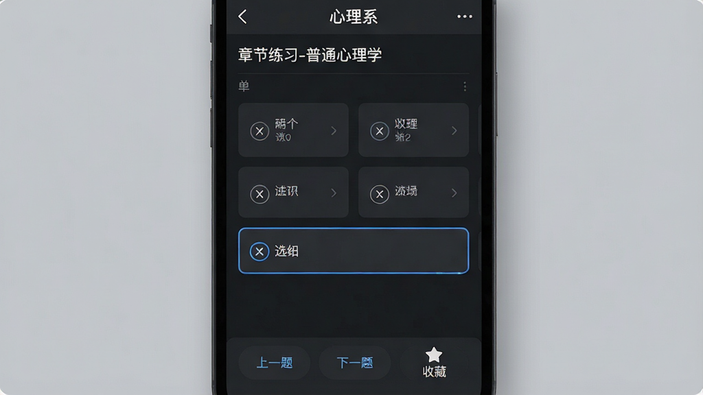 һ���ֻ���Ļչʾ������ϵ��App��ҹ��ģʽˢ����棬����Ϊ���ɫ��������ʾ���½���ϰ-��ͨ����ѧ�����м���һ����ѡ�⣬ѡ������ɫ��Ƭ��ʽ���У�ѡ�е�ѡ�������ɫ�߿򣬵ײ��С���һ�⡱������һ�⡱�͡��ղء�����ͼ�갴ť�����������ͣ����������������񰵺ڵ���ѹ�֣����ʸɾ����޶���Ԫ�ء�