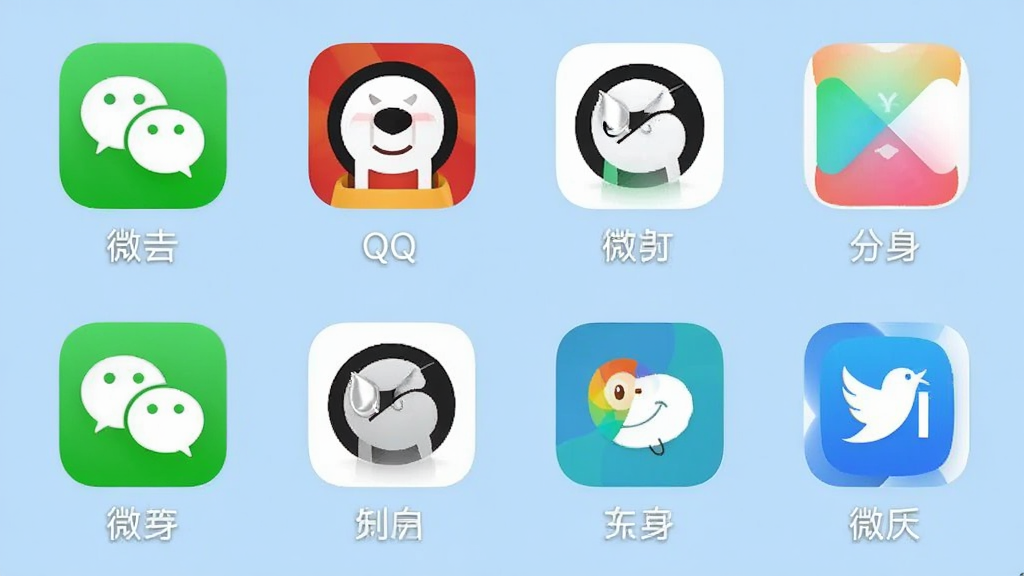 微X分身版应用界面截图,展示多个应用分身图标整齐排列在手机桌面上,每个图标下方标注微信、QQ等名称,界面以白色和淡蓝色为主色调,布局清晰,风格扁平化,画质干净无多余元素