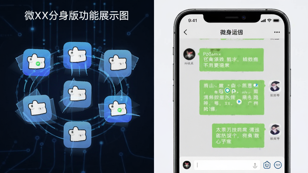 微X分身版功能展示图,画面分为左右两部分,左边是多个应用图标被复制分身的示意图,右边是手机屏幕显示分身应用正常运行微信聊天界面,整体风格科技感简洁,蓝白配色,画质清晰干净