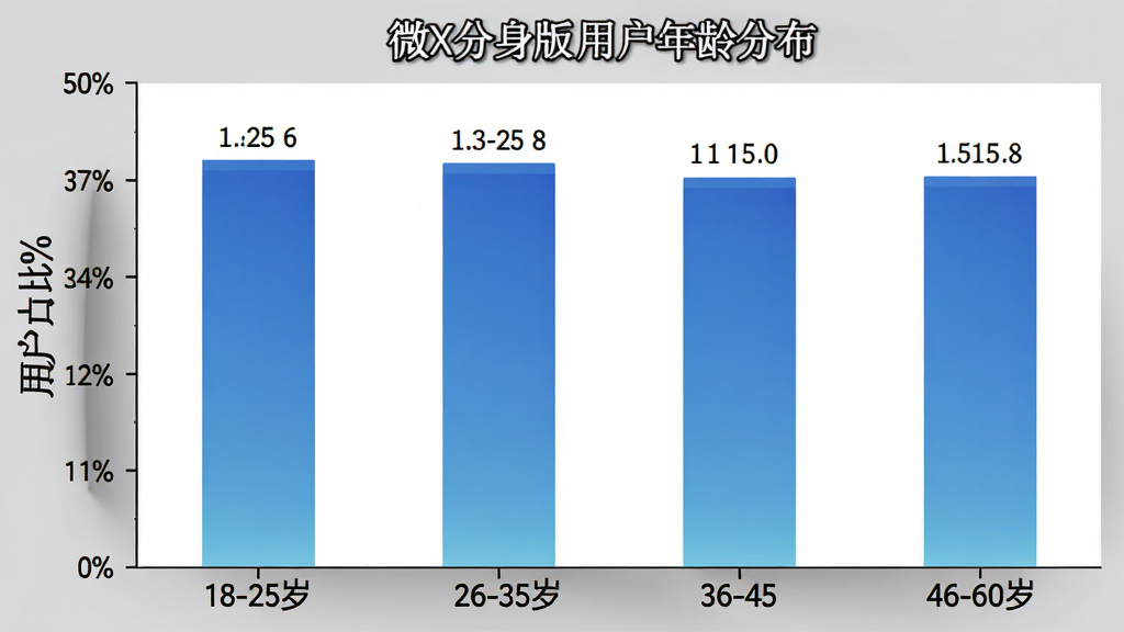 微X分身版用户年龄分布柱状图,横轴标注18-25岁、26-35岁、36-45岁、46-60岁四个年龄段,纵轴标注用户占比百分比,柱状图颜色为蓝色渐变,图表风格简洁清晰,数据标注明确,画质干净无多余元素