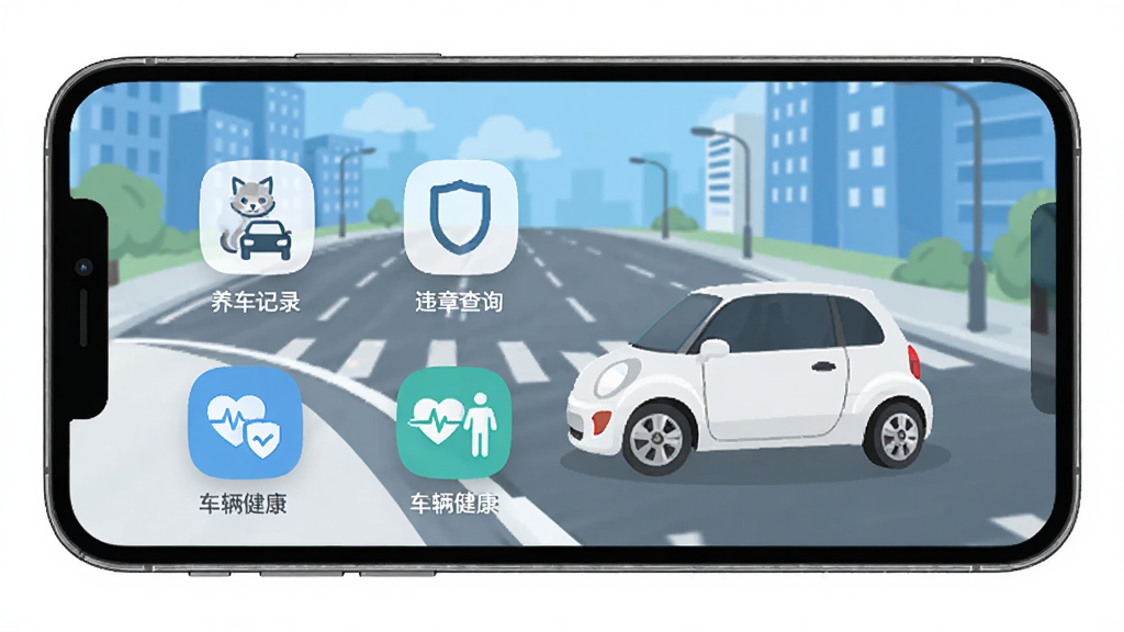 手机屏幕上显示小猫爱车App主界面,背景是城市道路和一辆白色小汽车,界面中有养车记录、违章查询、车辆健康等图标,布局简洁,蓝白配色,扁平化设计风格,细节清晰,画质干净,无多余元素