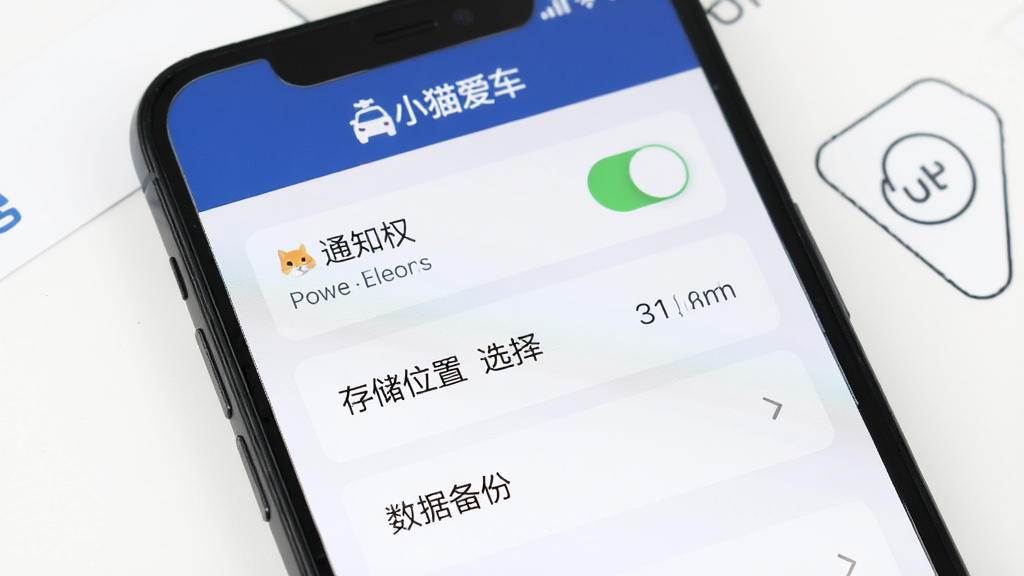 手机屏幕显示小猫爱车设置页面,通知权限开关、存储位置选择、数据备份选项清晰可见,顶部有“小猫爱车”标识,背景白色,卡片式布局,风格简洁,画质干净无多余元素