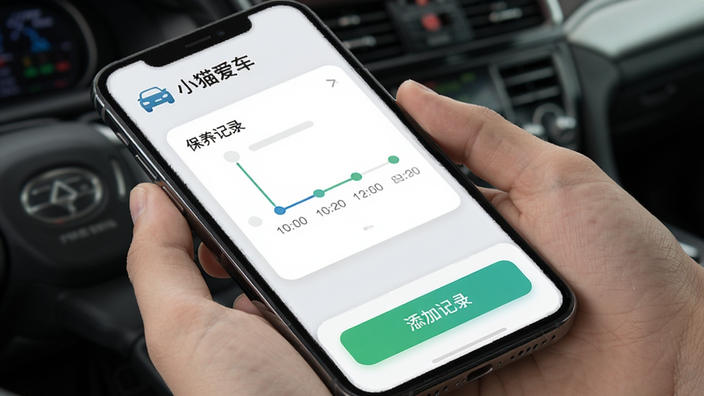 手机界面展示小猫爱车车辆健康档案页面,顶部有汽车图标和“小猫爱车”字样,中间是保养记录时间轴,底部有添加记录按钮,背景浅灰色,卡片式布局,风格现代,画质干净无多余元素