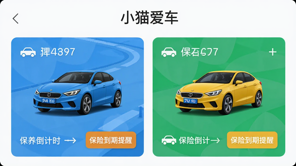 小猫爱车多车管理界面,显示两辆不同颜色的汽车卡片,每张卡片上有车牌号、保养倒计时和保险到期提醒,顶部有“小猫爱车”文字,布局整齐,风格简约,画质干净无多余元素