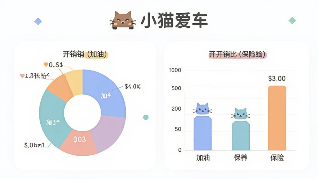 小猫爱车养车费用统计界面,饼状图和柱状图展示加油、保养、保险等开销占比,顶部有“小猫爱车”标识,配色柔和,数据清晰,扁平化设计,画质干净无多余元素