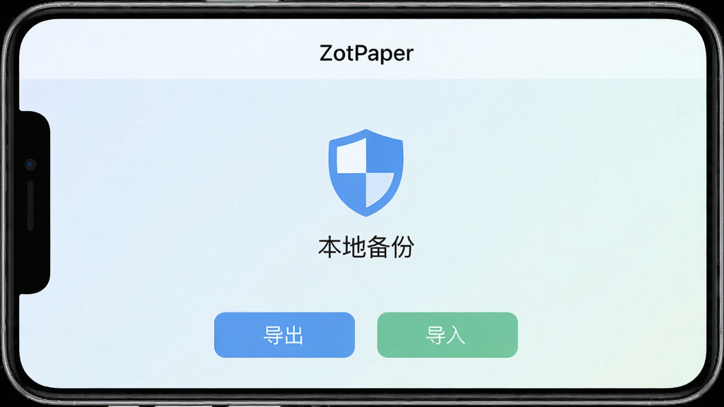 �ֻ���Ļ��ʾ��ZotPaper���ı��ݻָ����棬������һ������ͼ��͡����ر��ݡ��������·��е����͵���������ť��������ǳɫ���䣬���ֶԳƣ����ȫ�ɿ���ϸ�ڼ�࣬���ʸɾ����޶���Ԫ��