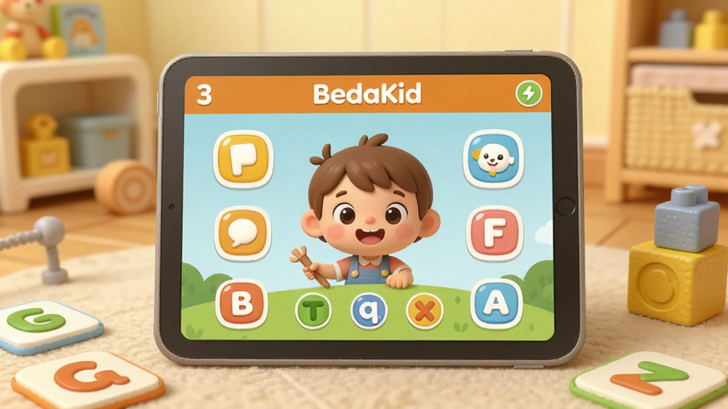 һ����ܰ�Ķ�ͯѧϰ����������������ƽ�������Ļ����ʾ��BedaKid�Ŀ�ͨ���棬��Χɢ������ĸ��Ƭ�Ͳ�ɫ��ľ��������ůɫ���Ķ�ͯ�������Ϊ��ƽ�廭��ϸ�ڰ���Բ���ͼ�����͵���Ӱ�����ʸɾ��������޶���Ԫ��
