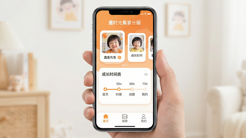 一张展示“鑫时光集家长版”手机应用主界面的图片,画面中央是一部手持智能手机,屏幕显示应用主界面,界面顶部有“鑫时光集家长版”文字标识,中间是孩子照片卡片和成长时间轴,底部有“首页”“相册”“我的”三个选项卡,整体布局清晰,风格温馨现代,主色调为暖橙色和白色,细节圆润,画质干净无多余元素。