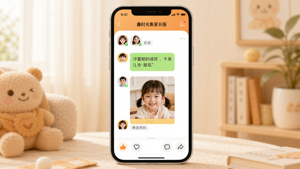 一张展示“鑫时光集家长版”家庭共享功能的图片,画面中央是一部手机,屏幕显示家庭群组聊天界面,有多个家庭成员头像和上传的孩子照片,照片下方有点赞和评论图标,布局清晰,风格温馨,主色调为暖橙色和白色,细节圆润,画质干净无多余元素。