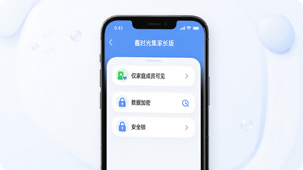 一张展示“鑫时光集家长版”隐私安全功能的图片,画面中央是一部手机,屏幕显示隐私设置界面,有“仅家庭成员可见”“数据加密”“安全锁”等选项,界面简洁,风格现代,主色调为蓝色和白色,细节圆润,画质干净无多余元素。