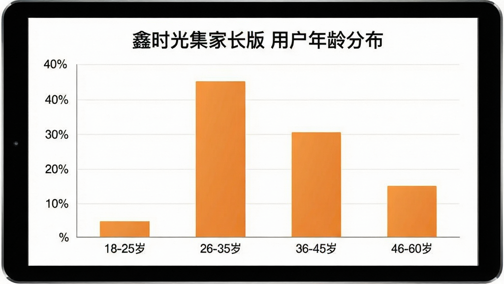 一张展示“鑫时光集家长版”用户年龄分布的柱状图图片,横轴为年龄段“18-25岁”“26-35岁”“36-45岁”“46-60岁”,纵轴为用户占比百分比,柱状图显示26-35岁占比最高约40%,36-45岁约30%,46-60岁约20%,18-25岁约10%,图表风格简洁现代,主色调为暖橙色和白色,画质干净无多余元素。
