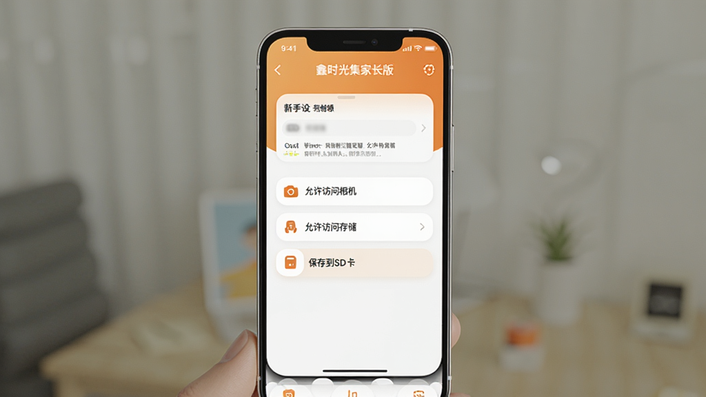 一张展示“鑫时光集家长版”新手设置引导界面的图片,画面中央是一部手机,屏幕显示权限设置和存储选择界面,有“允许访问相机”“允许访问存储”“保存到SD卡”等选项,界面简洁,风格现代,主色调为暖橙色和白色,细节圆润,画质干净无多余元素。