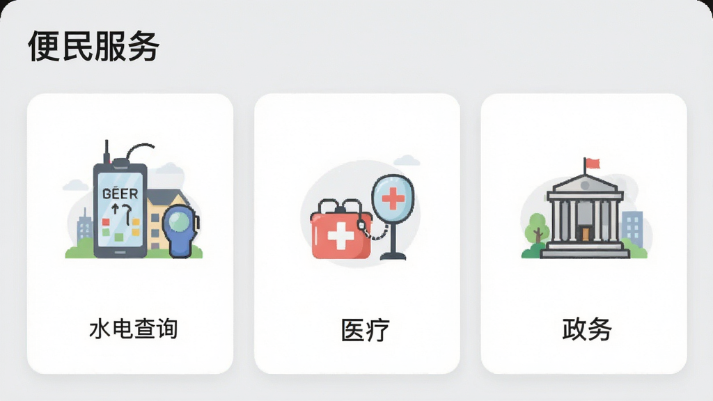 澳宜居MLife应用内便民服务页面截图,顶部标题“便民服务”,下方卡片式排列水电查询、交通、医疗、政务图标,每个卡片有简洁插画,背景浅灰,风格统一,画质清晰