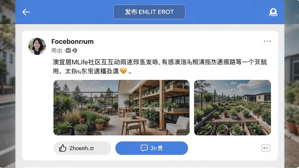 澳宜居MLife社区互动界面,显示用户发布的本地动态卡片,包含文字和缩略图,下方有点赞评论按钮,顶部有发布入口,整体布局类似社交动态流,风格清爽