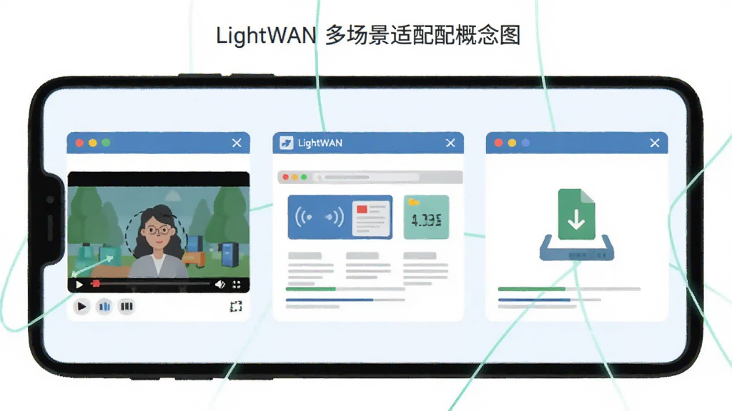 LightWAN �ೡ���������ͼ������Ϊ�ֻ���Ļ��ͬʱչʾ��Ƶ���š���ҳ������ļ���������С���ڣ�����Ϊ���������У��Ű���⣬����ƽ�廭��ϸ�ڰ���ÿ�������ڼ���ͼ��������������ʸɾ��޶���Ԫ��