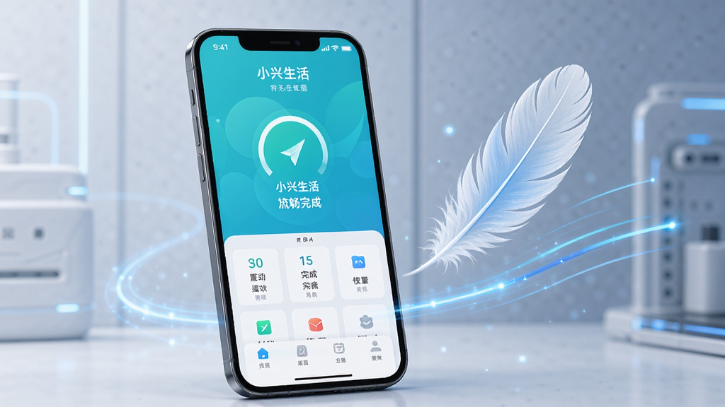 小兴生活运行流畅度展示,画面中一部手机正在运行小兴生活应用,屏幕显示功能加载完成状态,旁边有象征轻量化的羽毛和速度线条装饰,背景干净简洁,风格科技感与生活感结合,画质清晰,无多余元素。