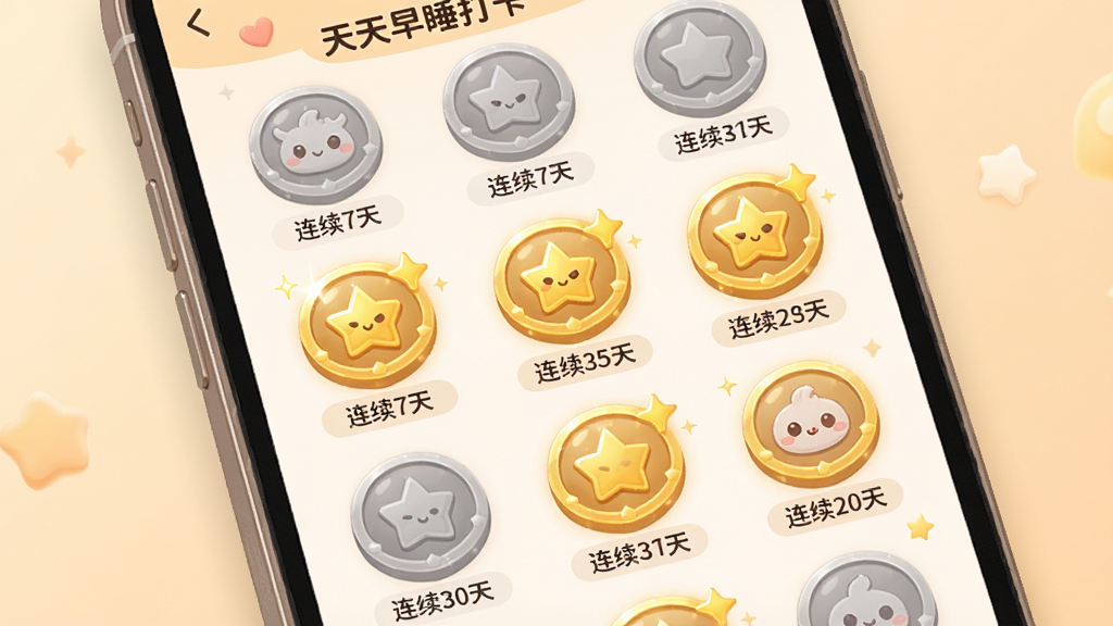 һ�š�������˯�򿨡�Ӧ���ڳɾ�ѫ��ҳ���ͼƬ���������ֻ���Ļ��ʾ���Բ��ѫ��ͼ�����г�����״���ѵ�����ѫ���н�ɫ����δ�������ǻ�ɫ������ѫ���·��С�����7�족������30�족�����ֱ�ǩ��������ɰ����£���ɫ��ů�����ʸɾ��������޶���Ԫ�ء�