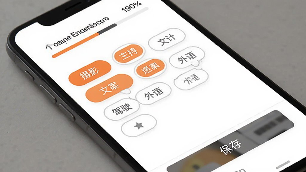 ���׿��ְApp�ĸ��˼��ܱ�ǩ����ҳ�棬�ֻ���Ļ��ʾ������ܱ�ǩ����Ӱ�����֡��İ�����ʻ������ȣ���ѡ�еı�ǩΪ��ɫ��䣬δѡ�е�Ϊ��ɫ��ߣ��·��б��水ť��ҳ�涥���н�������ʾ�������ƶȣ�������Ʊ�ƽ������ɫ��ˬ�����ʸɾ��޶���Ԫ��