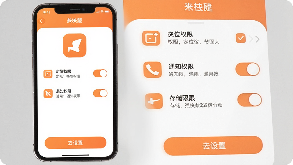���׿��ְApp��Ȩ����������ҳ�棬�ֻ���Ļ��ʾ��λȨ�ޡ�֪ͨȨ�޺ʹ洢Ȩ����������ѡ�ÿ��ѡ���Ա��м�̵�˵�����֣�ҳ��ײ��С�ȥ���á���ť��������ɫΪ��ɫ�Ͱ�ɫ��ͼ����Բ���ƽ�����ʸɾ��������޶���Ԫ��