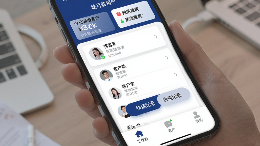 手机屏幕展示皓月营销应用主界面,整体以深蓝和白色为主色调,顶部显示今日新增客户数和跟进提醒,中间是客户列表卡片和快捷记录按钮,底部为工作台、客户、消息、我的四个标签,界面干净现代,扁平化设计,文字清晰,画质干净无多余元素